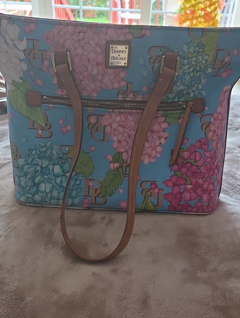 Dooney & Bourke Blue Floral Hydrangea Tote with Brown Trim